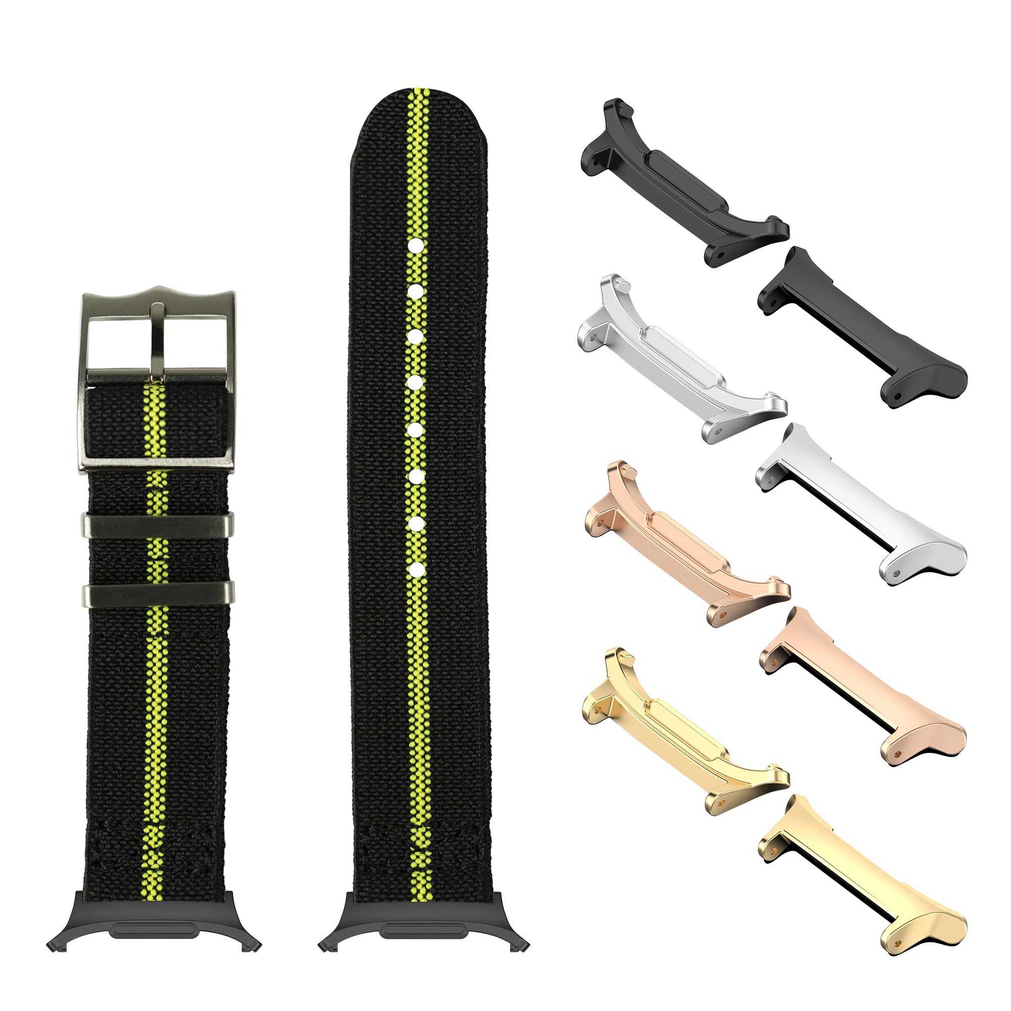 Black nylon watch band with fluorescent yellow stripe, metal buckle, and interchangeable lugs in multiple colors including black, silver, rose gold, and gold