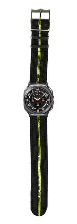 Black sports watch with fluorescent green stripe fabric strap and titanium case on white background