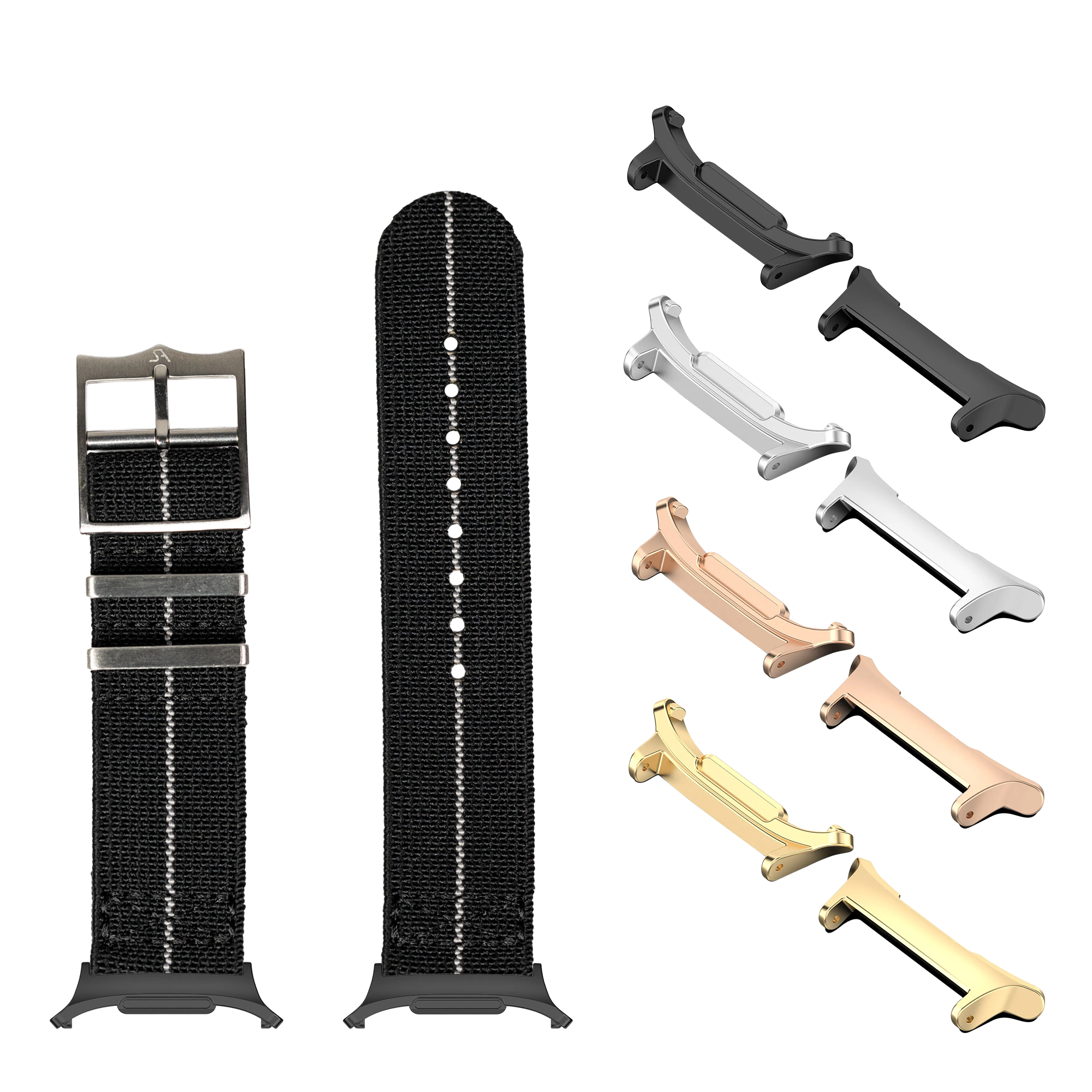 Watch bands and metal buckles in black, silver, rose gold, and gold finishes for Galaxy Watch 8 and Ultra models