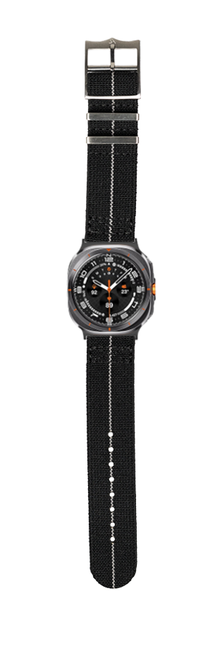 Black tactical watch with grey case and orange accents on black fabric strap, sports chronograph dial design