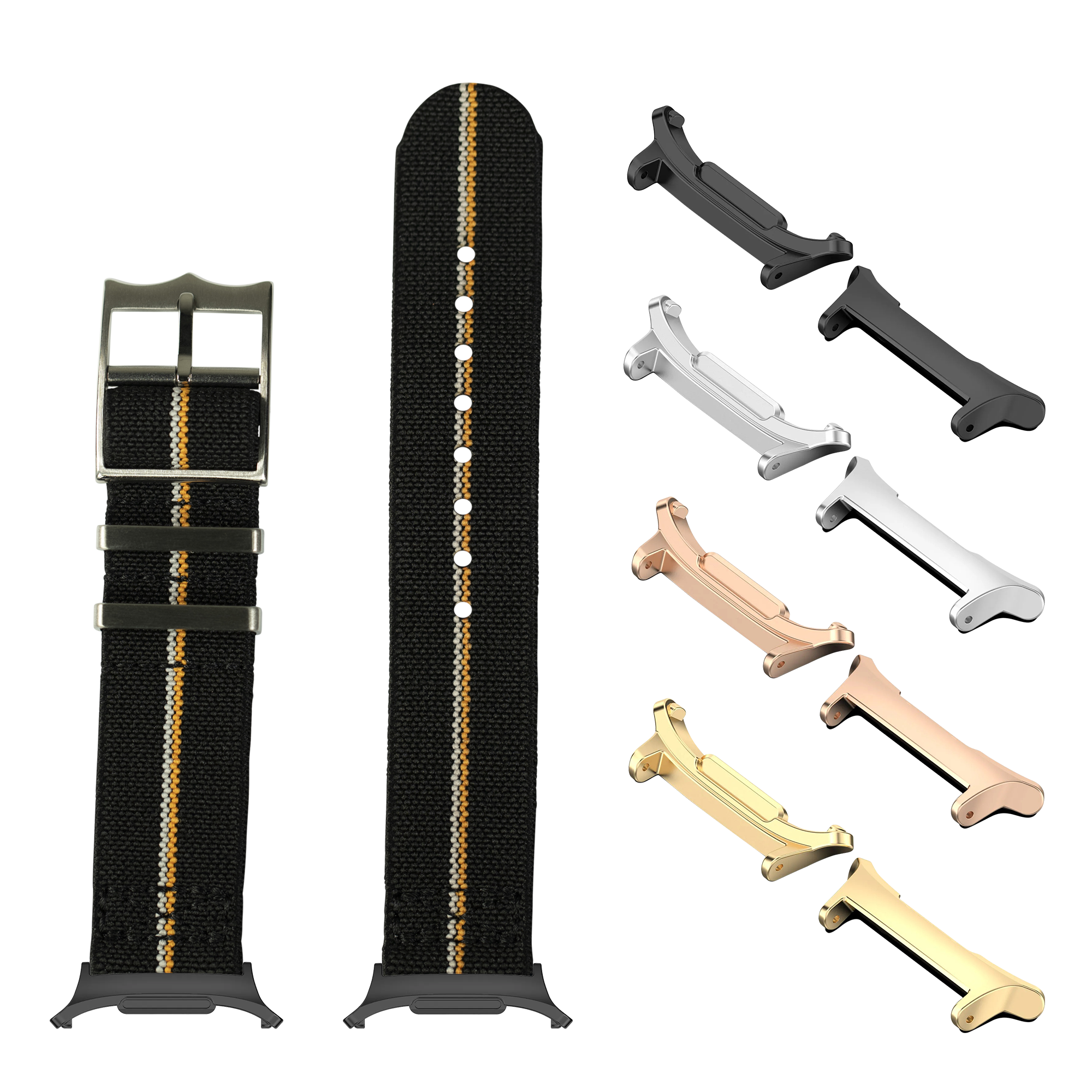 Black fabric watch band with gold stripe and interchangeable metal lugs in multiple finishes including black, silver, rose gold and gold