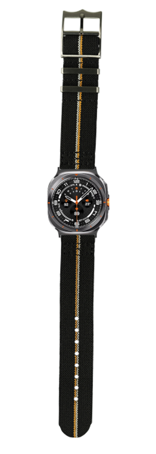 Black sports watch with orange accents and striped fabric band with gold stripe detail