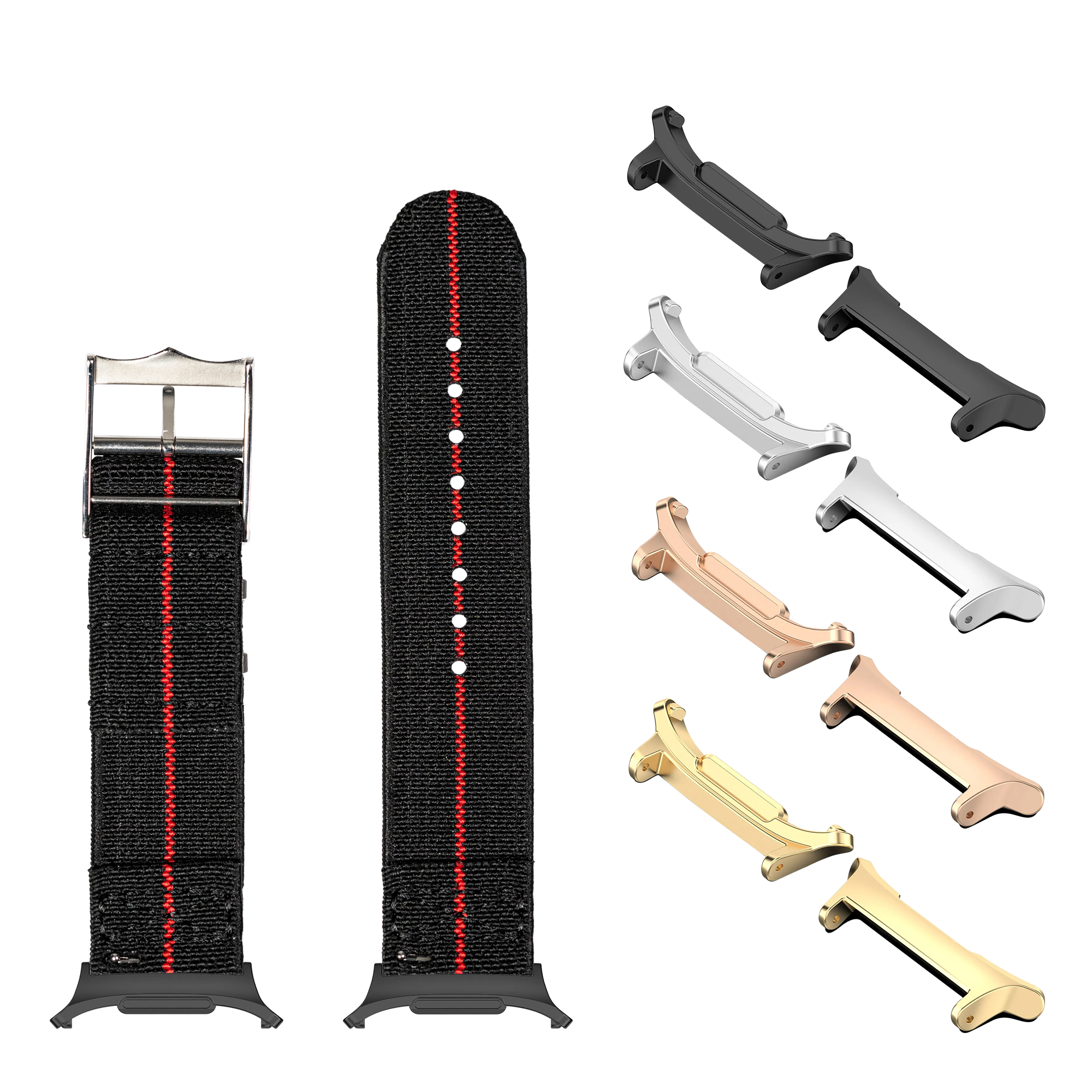 Black fabric watch straps with red stitching and interchangeable metal hardware in multiple finish options including black, silver, rose gold and gold