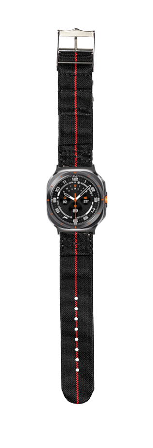 Black military-style smartwatch with red striped fabric band and compass bezel dial