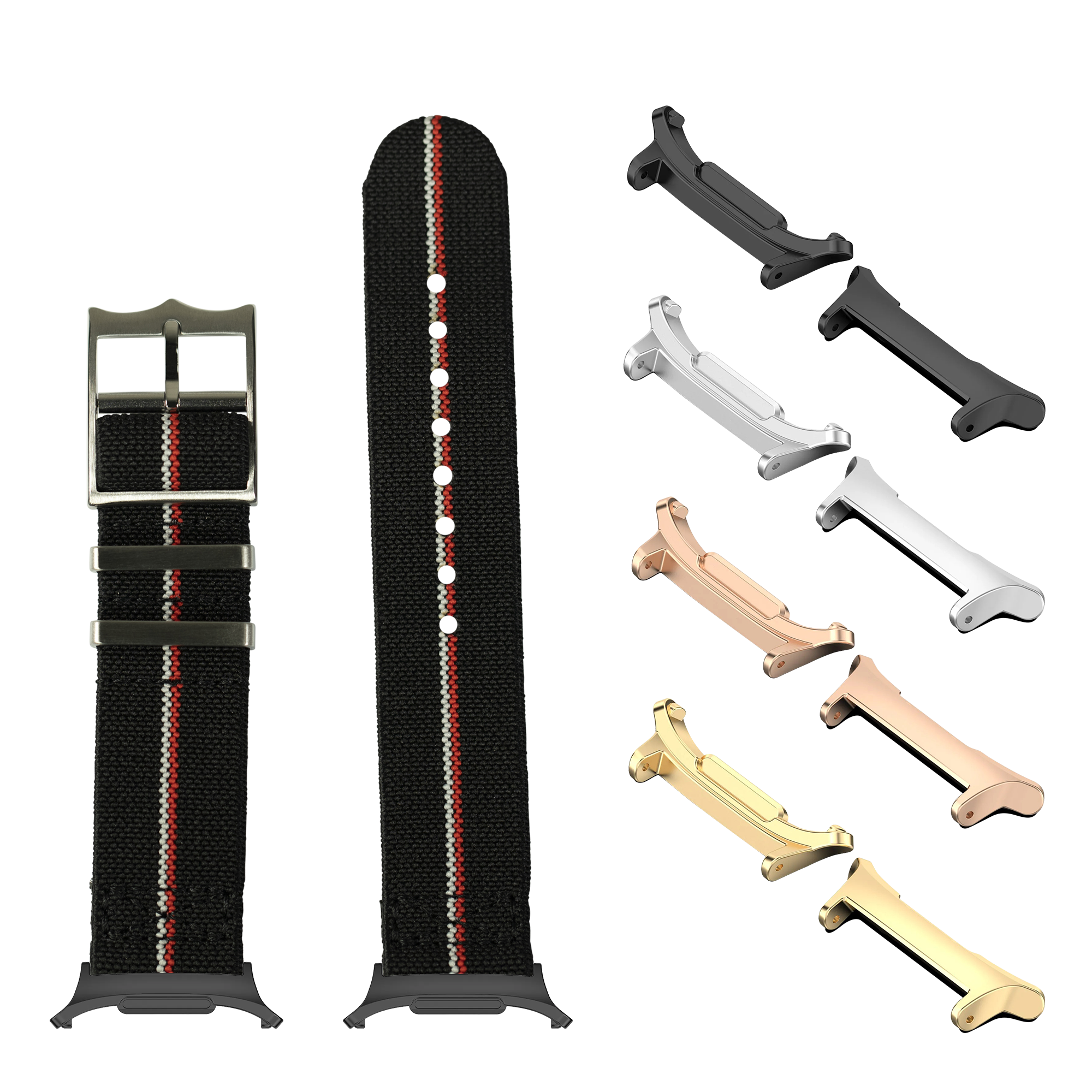Watch bands and lugs in multiple styles and finishes including black fabric with red stripe, stainless steel, rose gold, and gold options