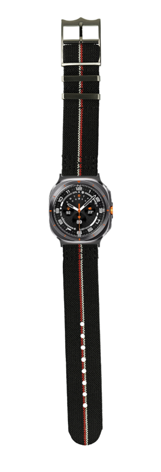 Black sport watch with striped fabric band, rotating bezel, and orange accent details on dial
