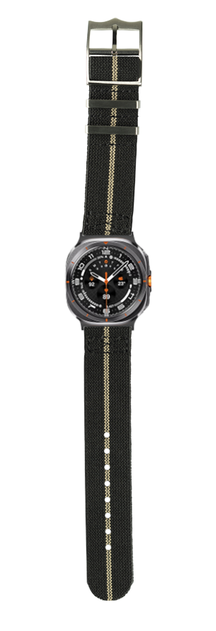 Black tactical watch with dark dial, orange accents, and woven canvas strap with stripe detail