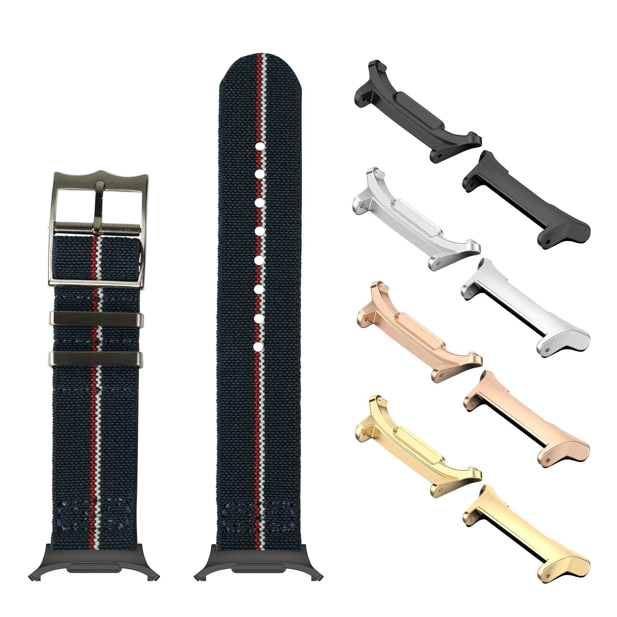 Watch bands and metal lugs in multiple colors including black fabric with red stripe, stainless steel, rose gold, and gold finishes