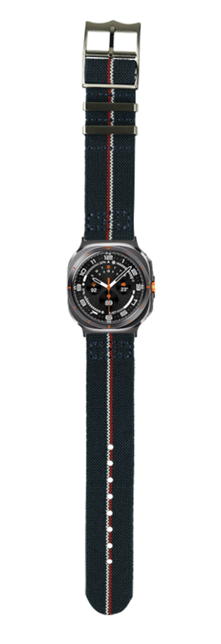 Tactical smartwatch with black fabric strap, orange accents, and digital dial on white background