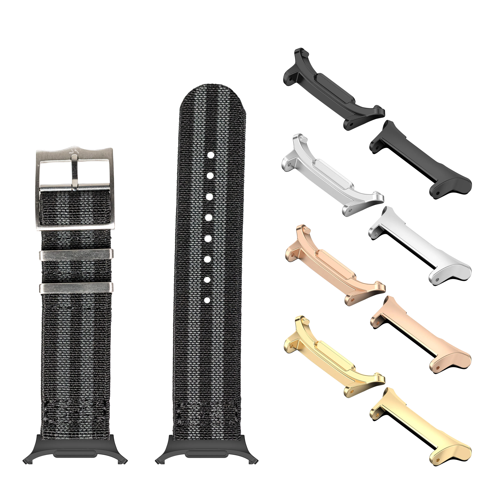 Watch band collection with interchangeable fabric and metal straps in black, white, rose gold and gold finishes for Galaxy Watch