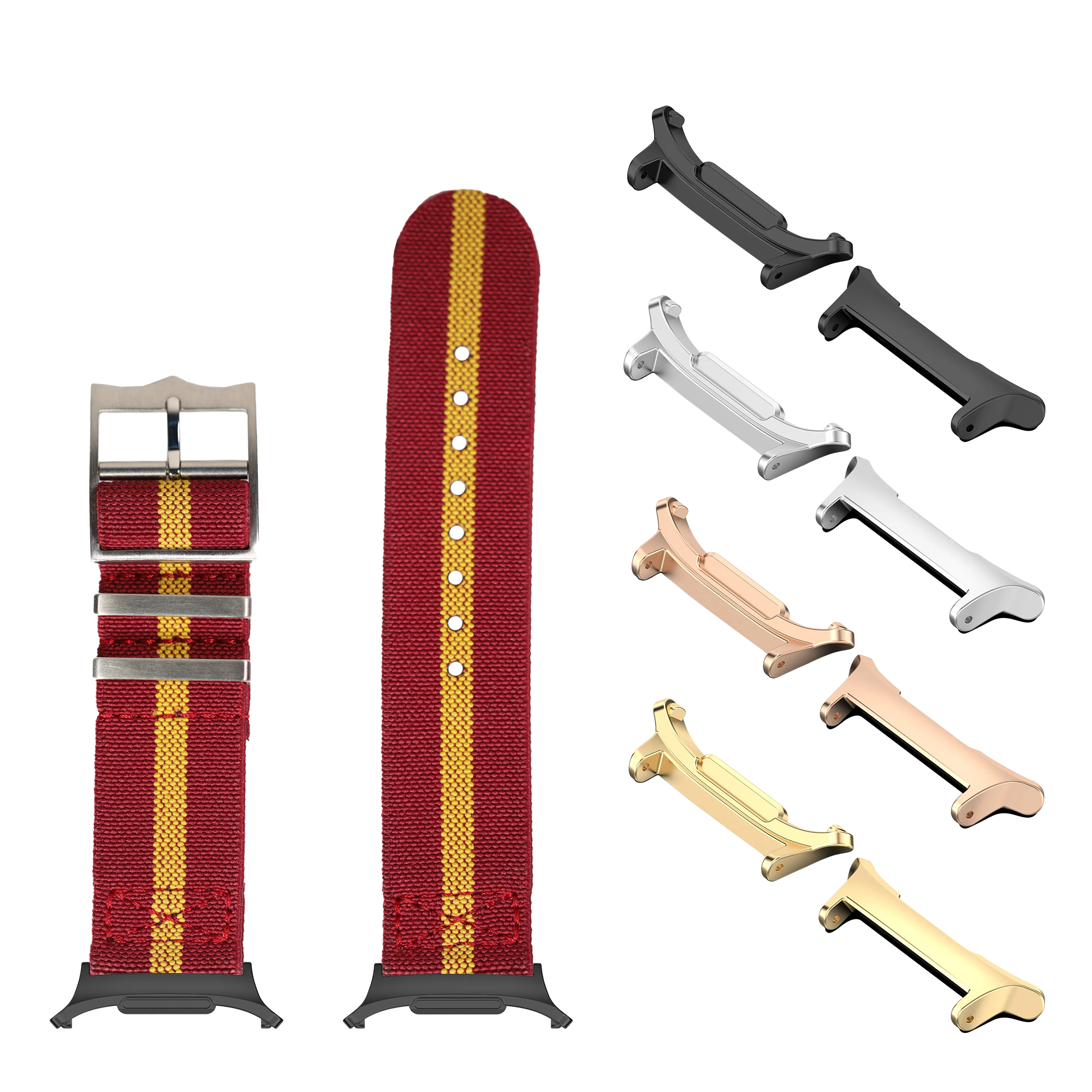 Red and yellow stripe watch bands with metal buckles in multiple finishes including silver, black, rose gold, and gold