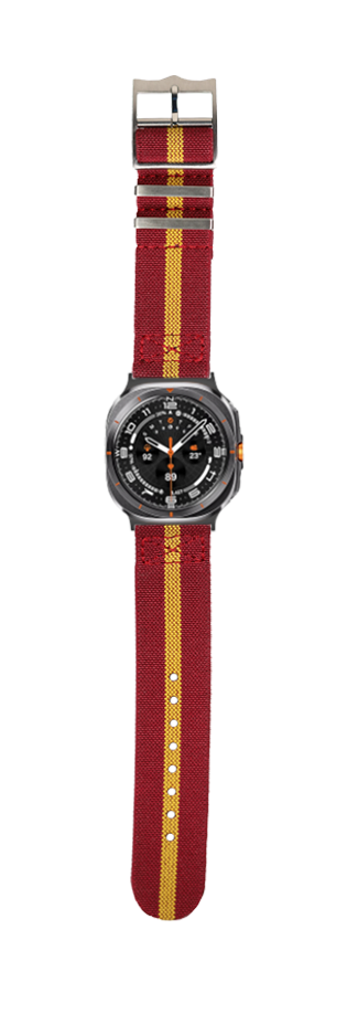 Burgundy red and yellow striped fabric watch band with gunmetal case and black chronograph dial