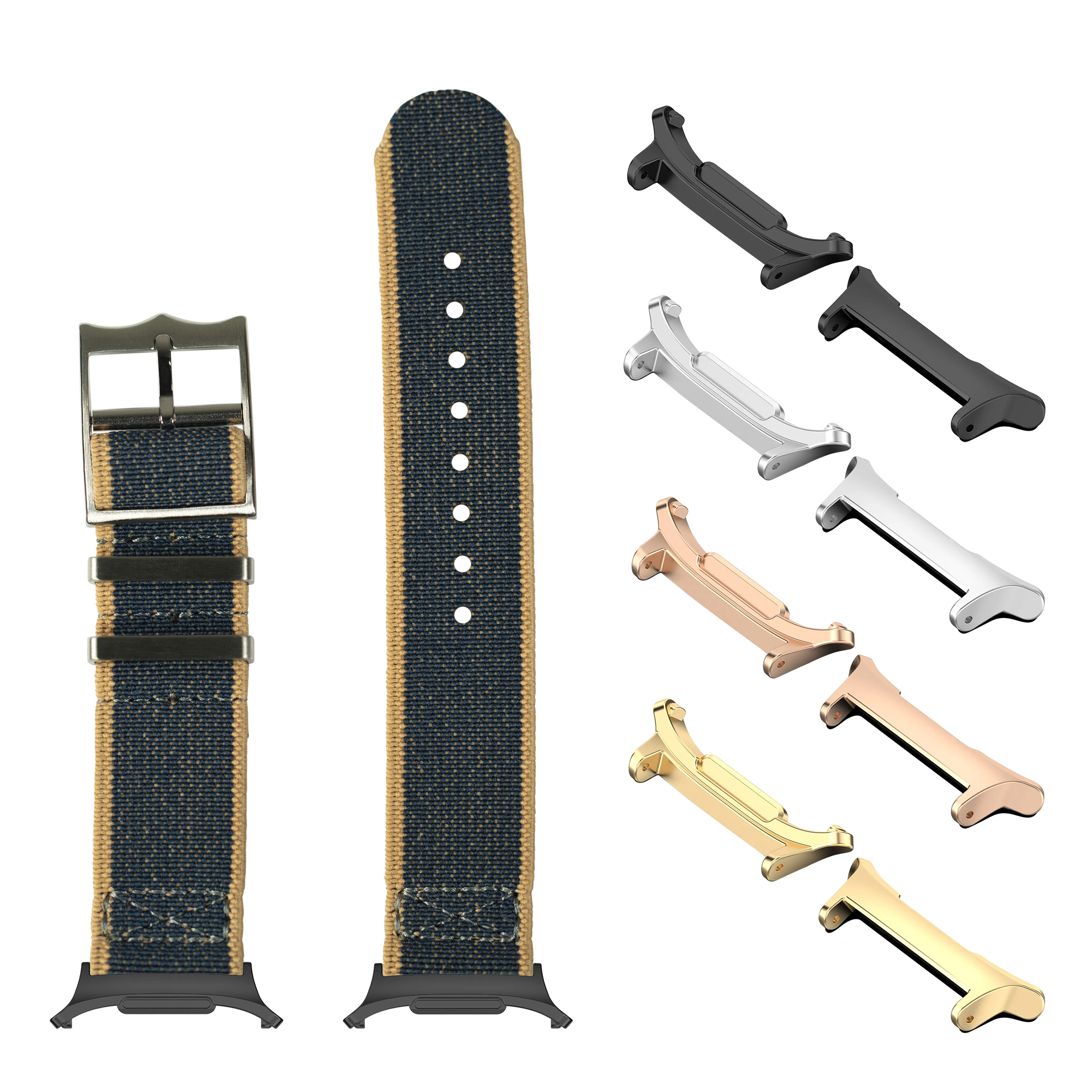 Denim wheat fabric watch bands with metal buckles and interchangeable connectors in black, silver, rose gold, and gold finishes