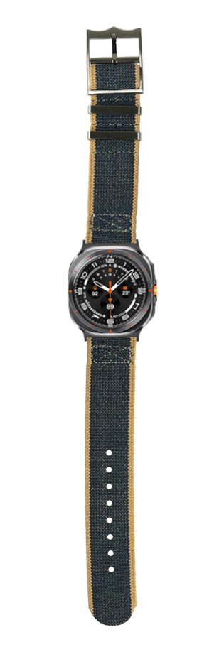Black dial sport watch with orange accents and denim wheat fabric strap with metal buckle