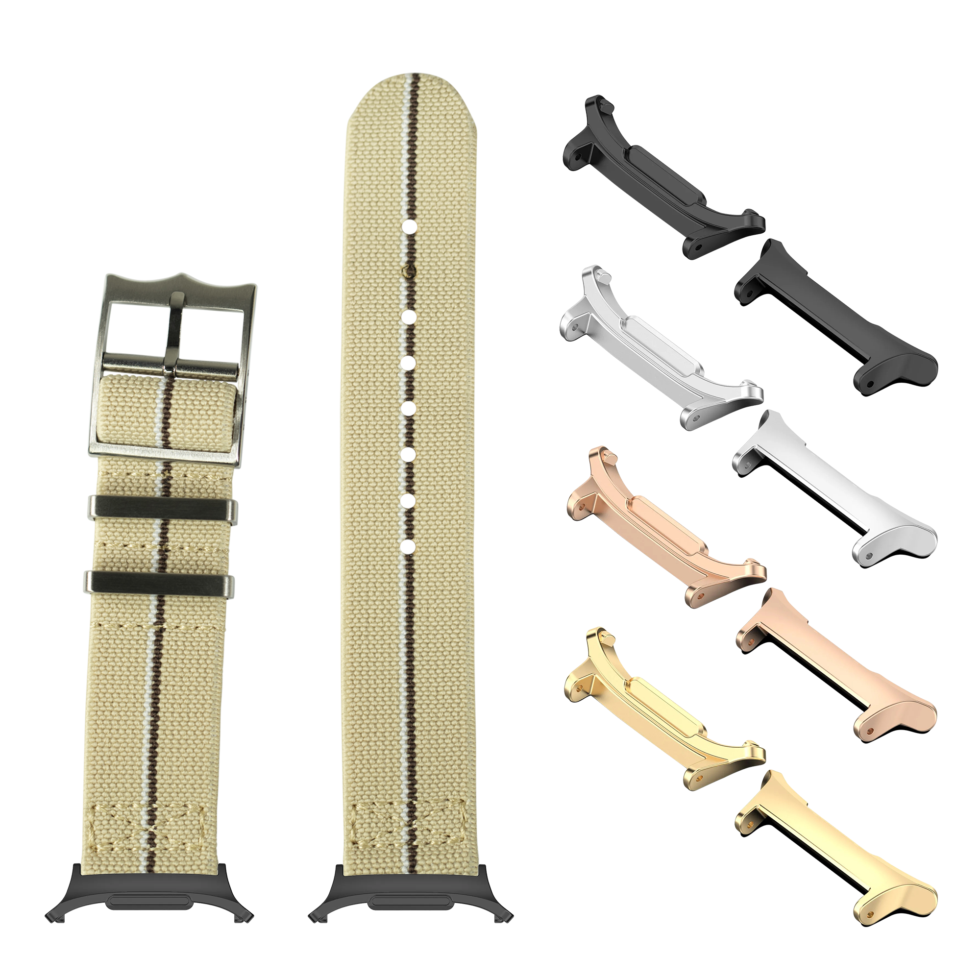 Canvas watch bands with metal buckles and interchangeable hardware in black, silver, rose gold, and gold finishes