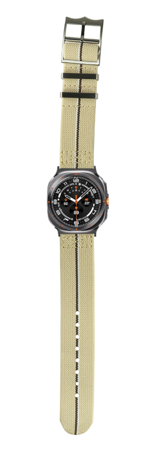 Black sports watch with desert sand fabric strap and orange accents, military-style timepiece on white background
