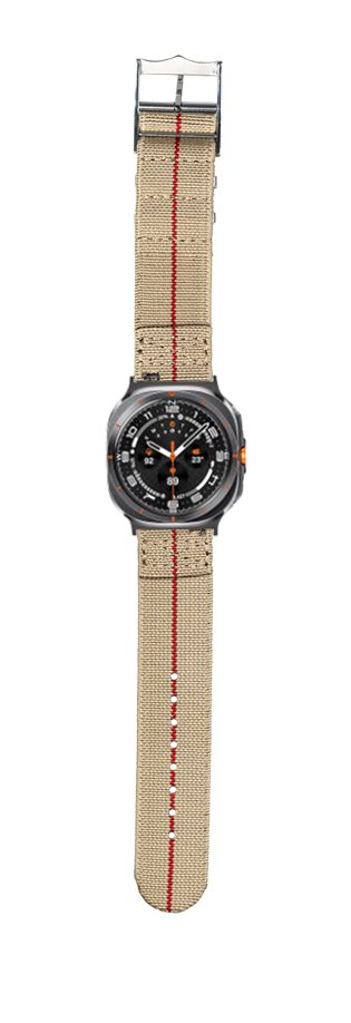 Tactical smartwatch with black case, orange accents, compass bezel, and beige fabric strap with red stripe detail