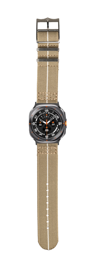 Black sport watch with dial compass bezel and tan canvas strap for Galaxy Watch 8 Ultra