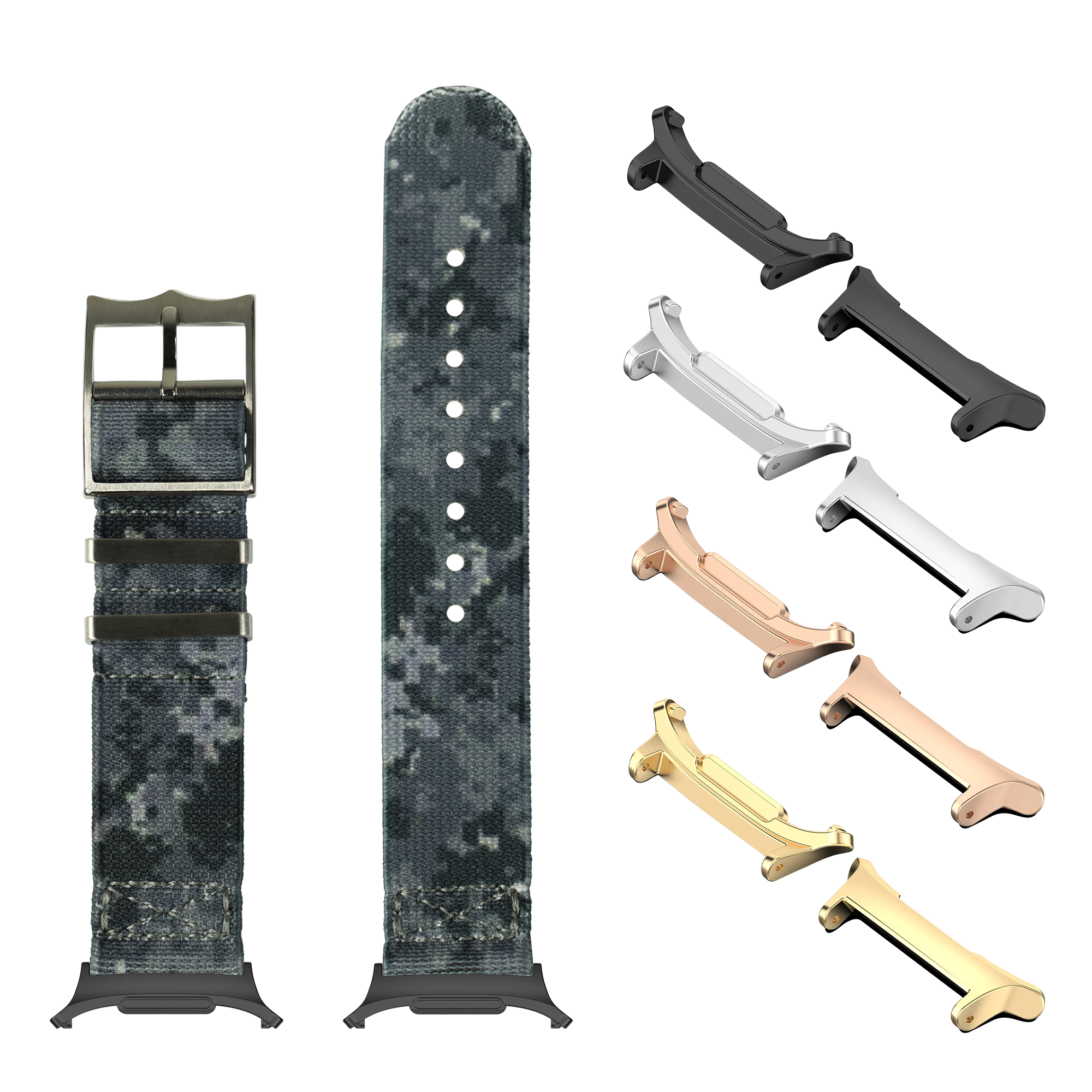 Digital camo fabric watch band with metal buckle, lugs in black silver rose gold and gold finishes