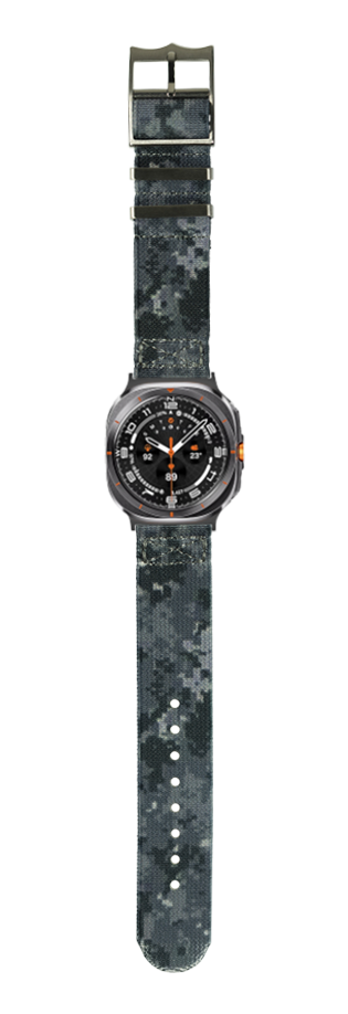 Digital camouflage tactical watch with black dial, orange accents, and patterned canvas strap