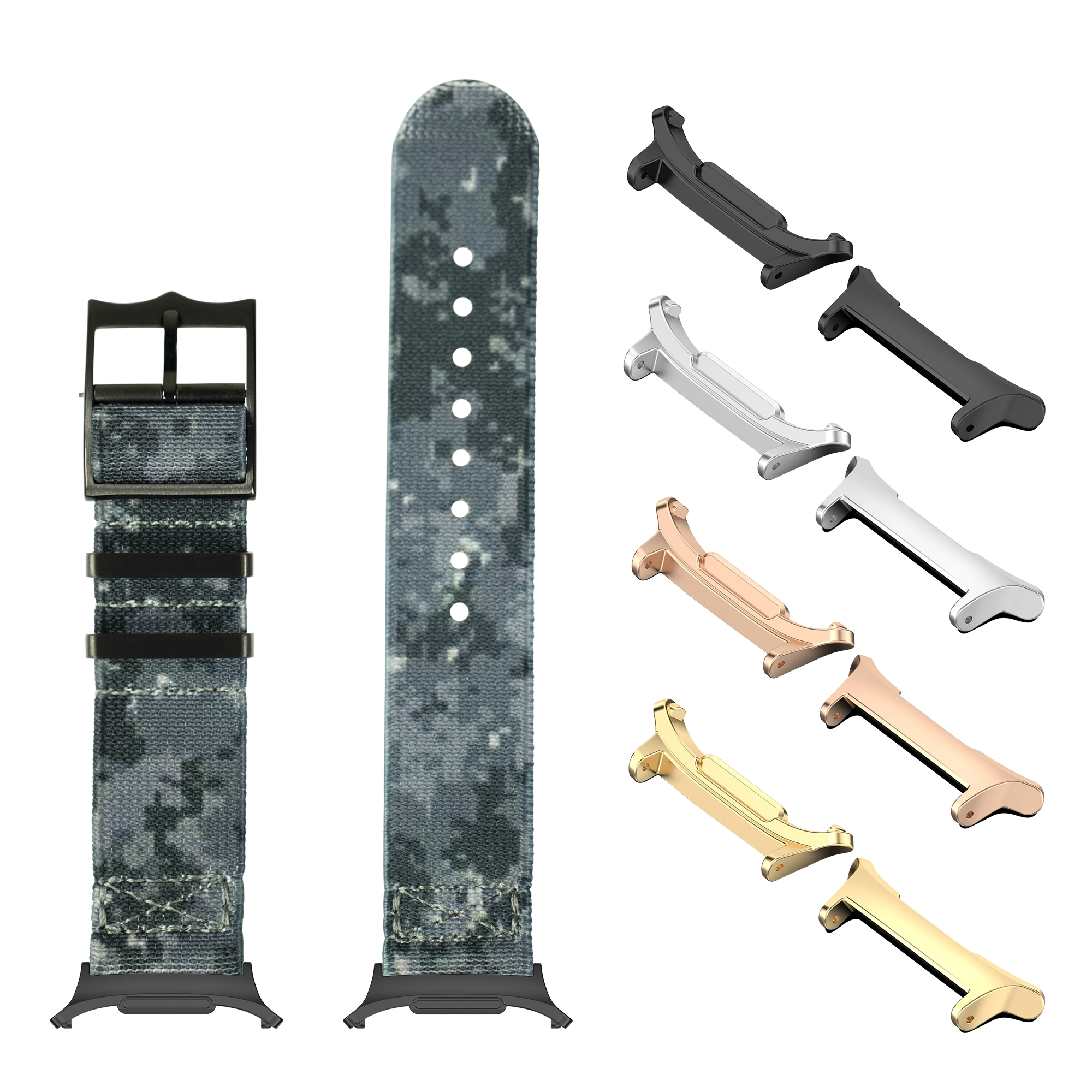 Digital camo watch band with interchangeable metal hardware in black, silver, rose gold and gold finishes for Galaxy Watch 8 and Ultra