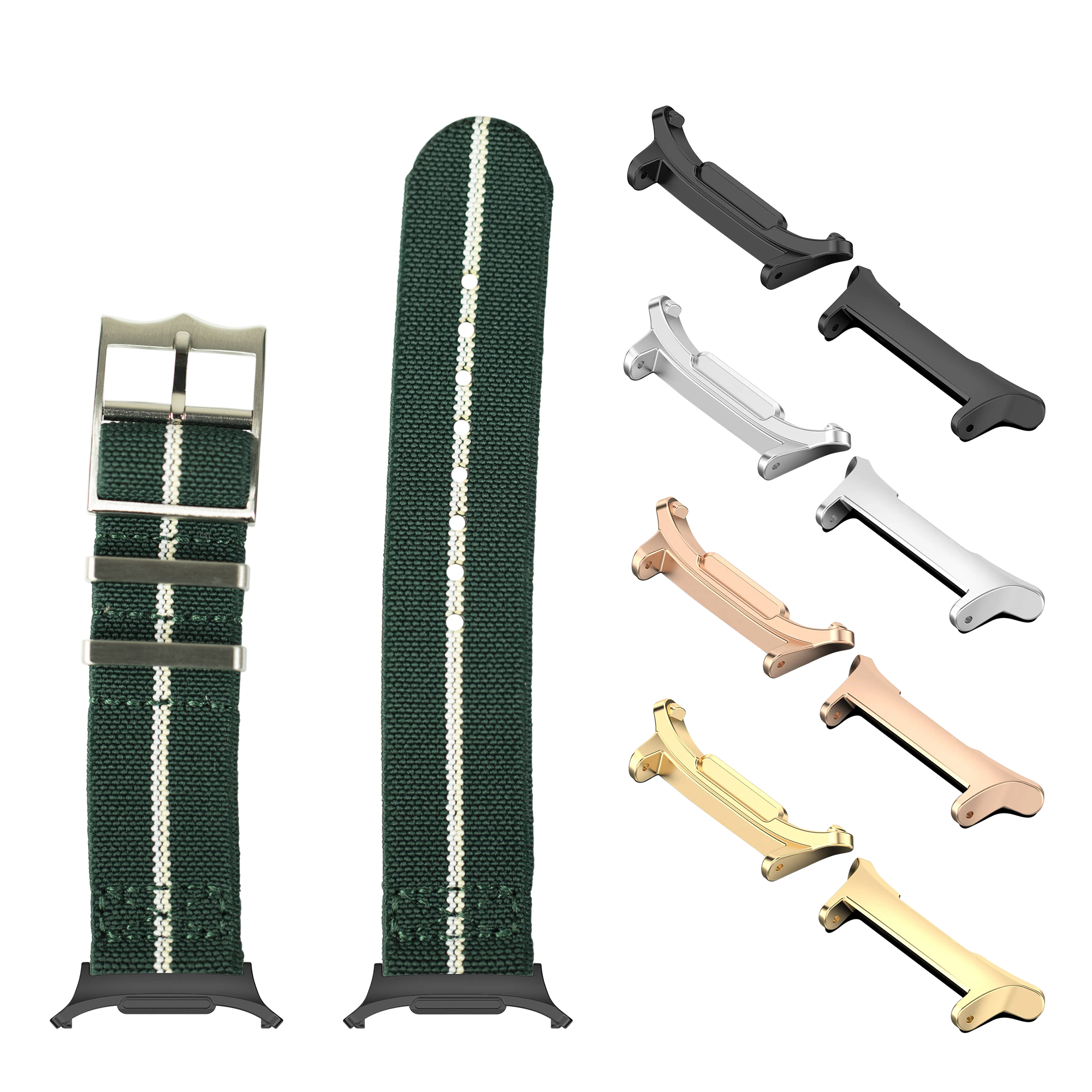 Green fabric watch band with white stripe, metal buckle, and interchangeable lugs in black, silver, rose gold, and gold finishes