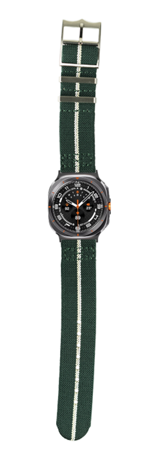 Men's sports watch with black dial and orange accents on green striped fabric band