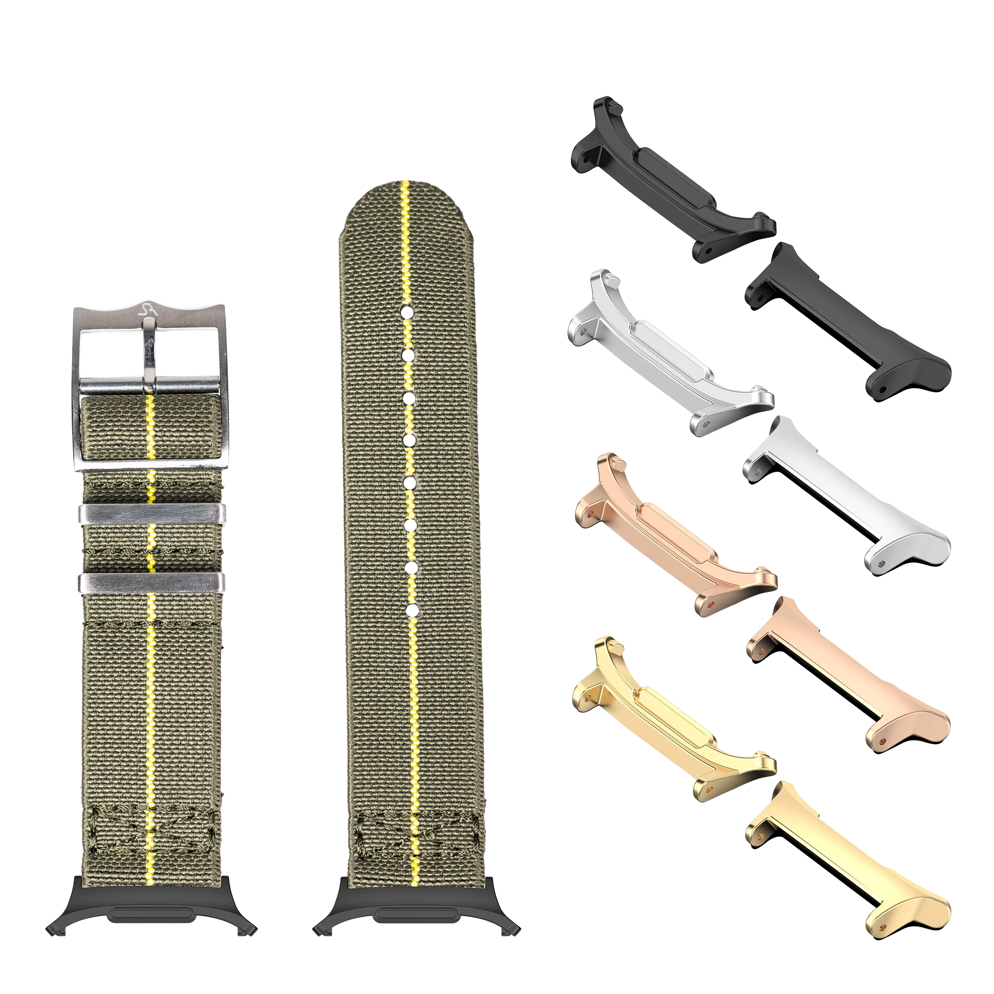 Watch bands and metal finishes collection with green fabric straps, stainless steel buckles, and interchangeable connectors in black, silver, rose gold and champagne