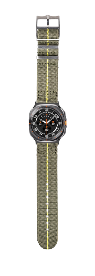 Sports watch with olive green fabric band and black dial featuring orange accents and compass bezel