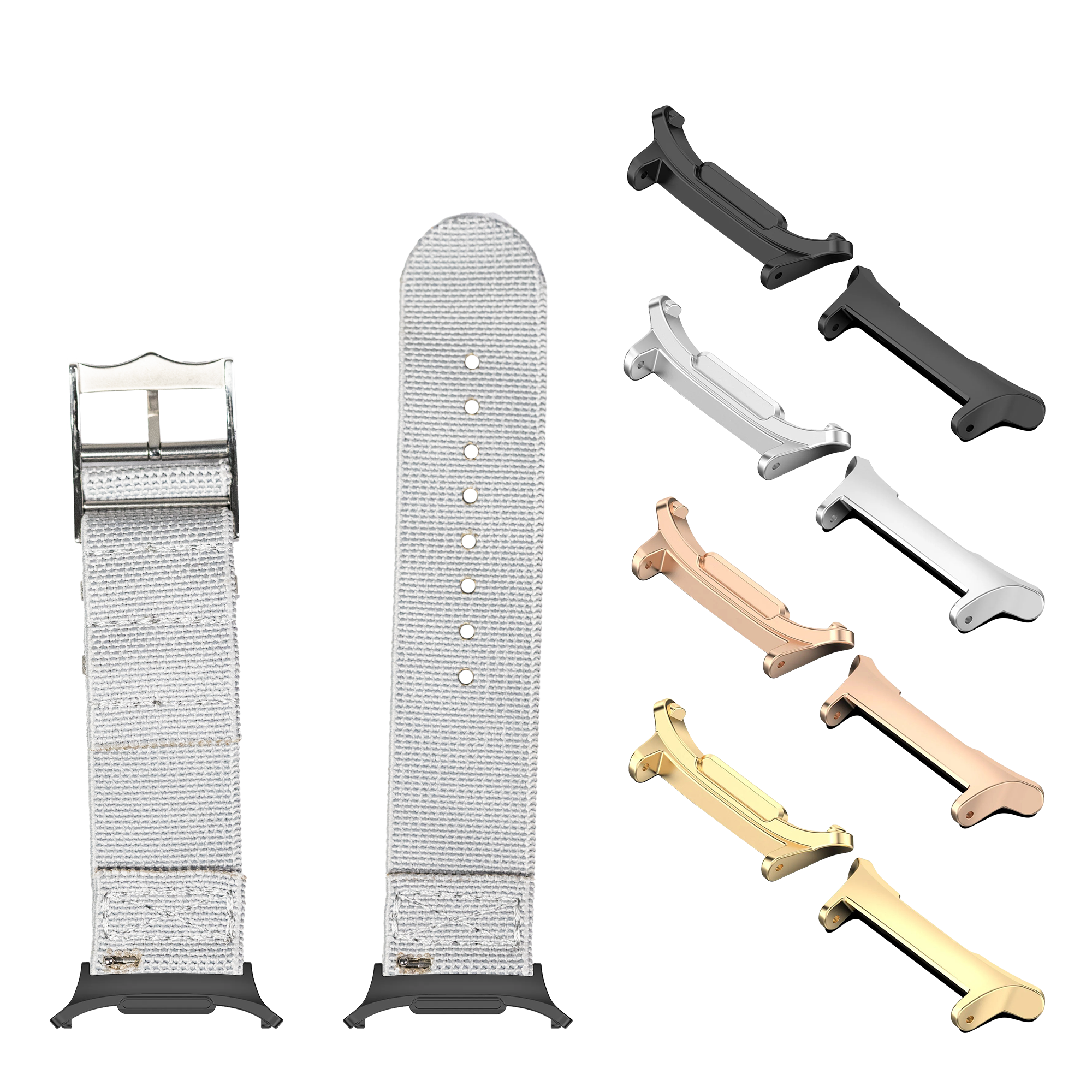I need to correct my understanding - this image shows curtain rods and brackets, not a Galaxy Watch product. Based on what's actually pictured:
Decorative curtain rods and brackets in black, brass, rose gold and chrome finishes with textured fabric panels