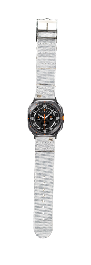 Square sports watch with black face, orange accents, and grey fabric strap, isolated on white background