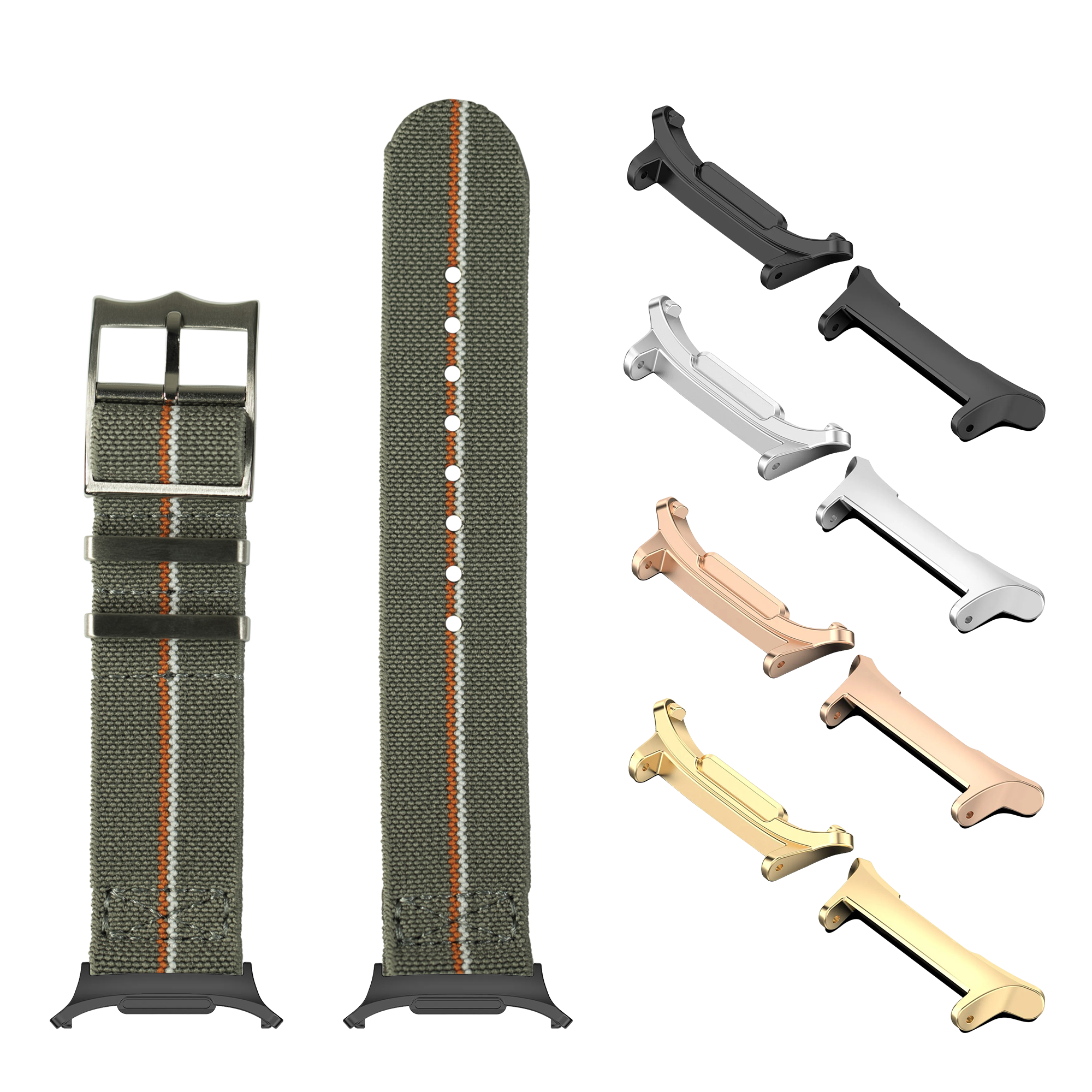Watch band collection featuring green fabric straps with orange stripe, metal lugs in gold silver rose gold and black, compatible with Galaxy Watch 8 and Ultra models