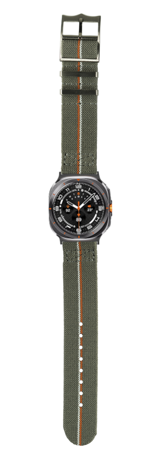 Military tactical watch with grey dial, orange accents, and olive green fabric strap