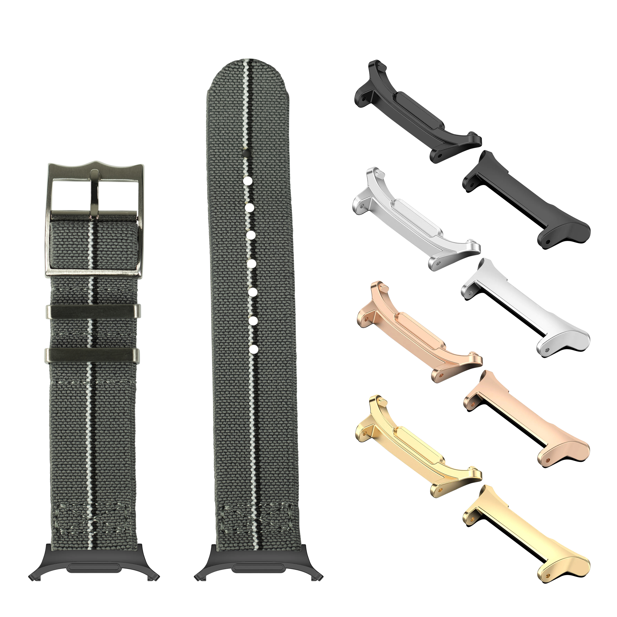 Watch straps and lugs in multiple colors including gray, black, white, rose gold and gold with metal buckle and connectors