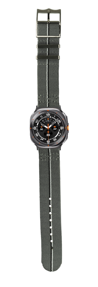 Military tactical watch with grey fabric strap, black dial, and orange accents for adventure sports