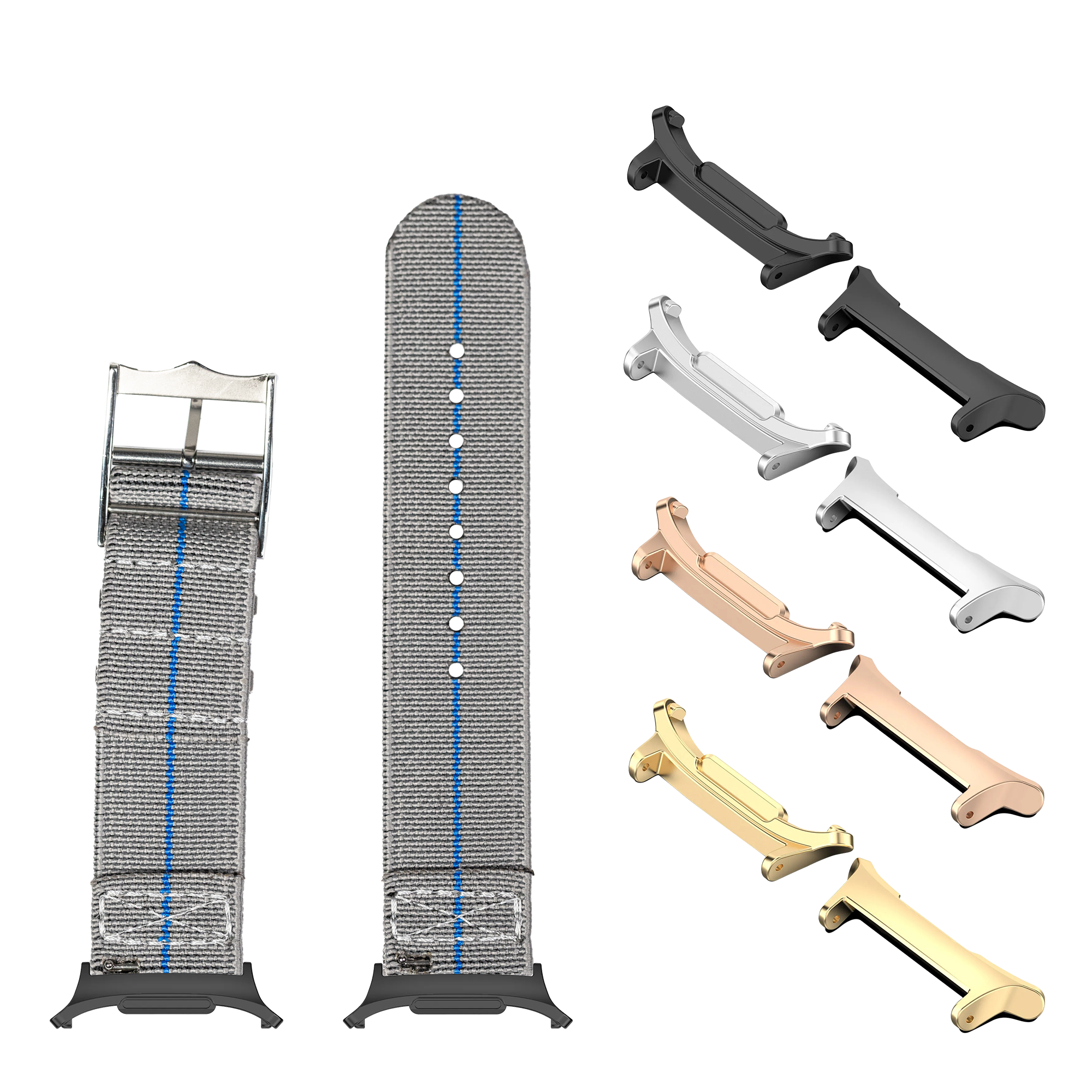 Watch bands and metal hardware in multiple colors including black, silver, rose gold, and gold finishes