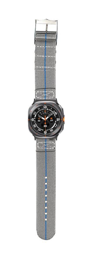 Men's smartwatch with grey and blue striped fabric band, black dial featuring orange accents and multi-function bezel
