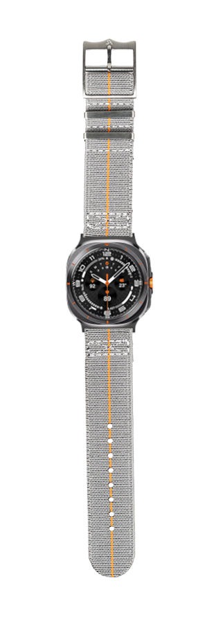 Tactical smartwatch with grey dial and orange accents on grey fabric strap with orange stripe detail