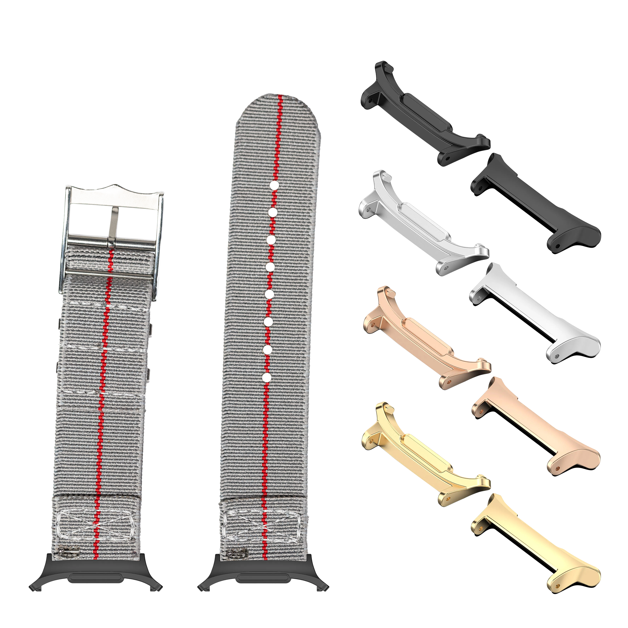 Watch bands and metal straps in multiple finishes including black, silver, rose gold and gold options displayed with grey fabric band featuring red stitch detail