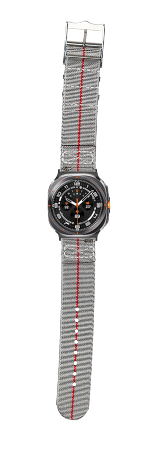 Black sports watch with gray and red fabric strap, chronograph dial and orange accents
