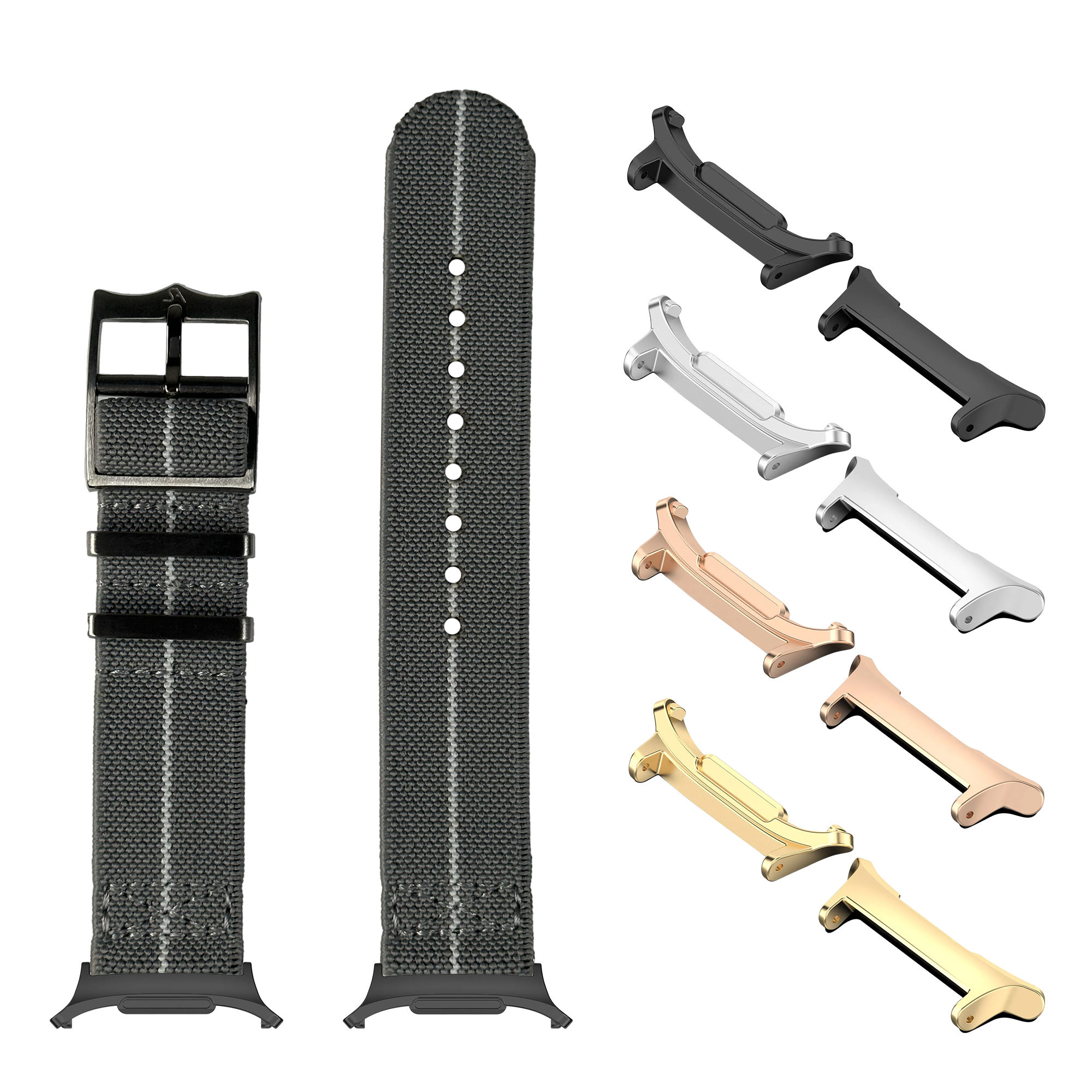 Grey fabric smartwatch band with multiple metal connector options in black, silver, rose gold and gold finishes for Galaxy Watch 8 and Ultra models