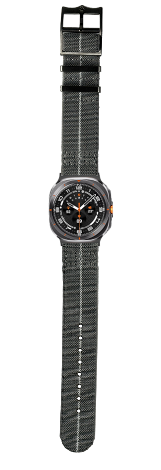 Black sport watch with grey elastic fabric strap, round dial with orange accents and chronograph subdials