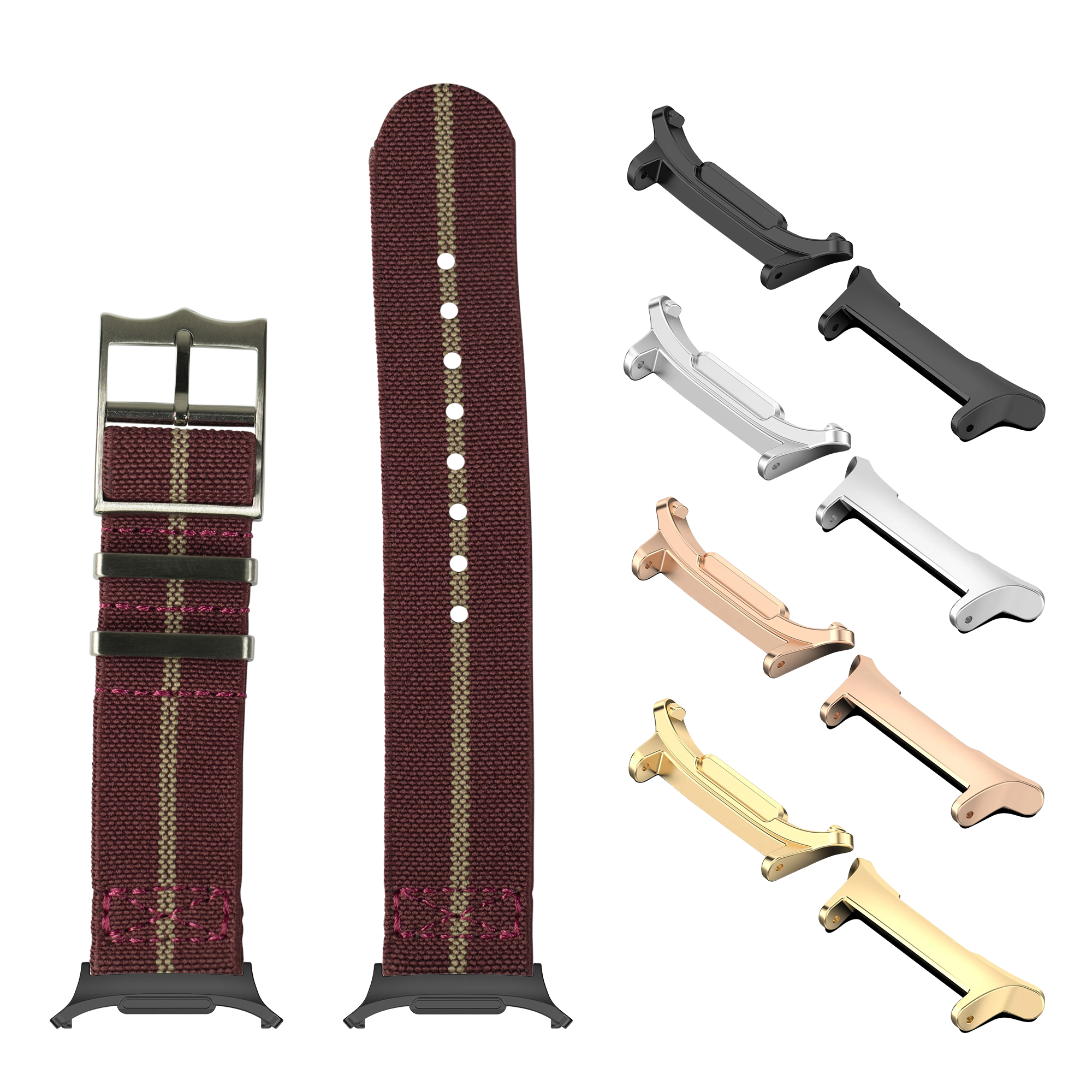 Maroon red fabric watch band with interchangeable metal lugs in gold, silver, rose gold and black finishes for Galaxy Watch smartwatch