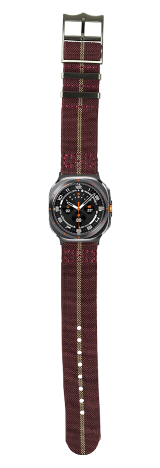 Galaxy Watch 8 Ultra with maroon red ElastoFlex band and black dial featuring orange accents