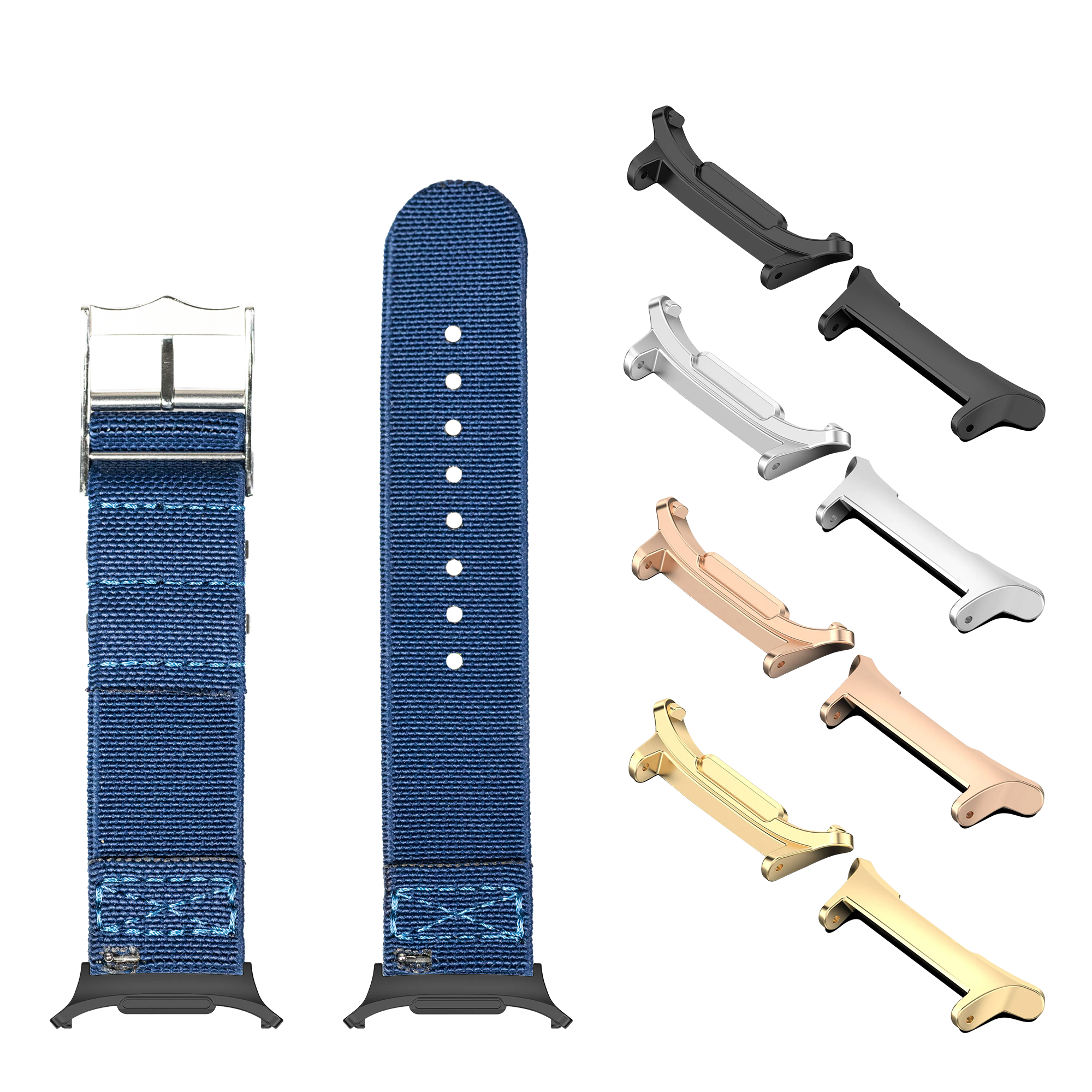 Blue fabric watch bands with metal buckles and interchangeable lugs in multiple finishes including black, silver, rose gold, and gold