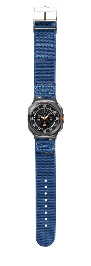 Galaxy Watch 8 Ultra with navy blue elasticated fabric strap and black dial featuring orange accents