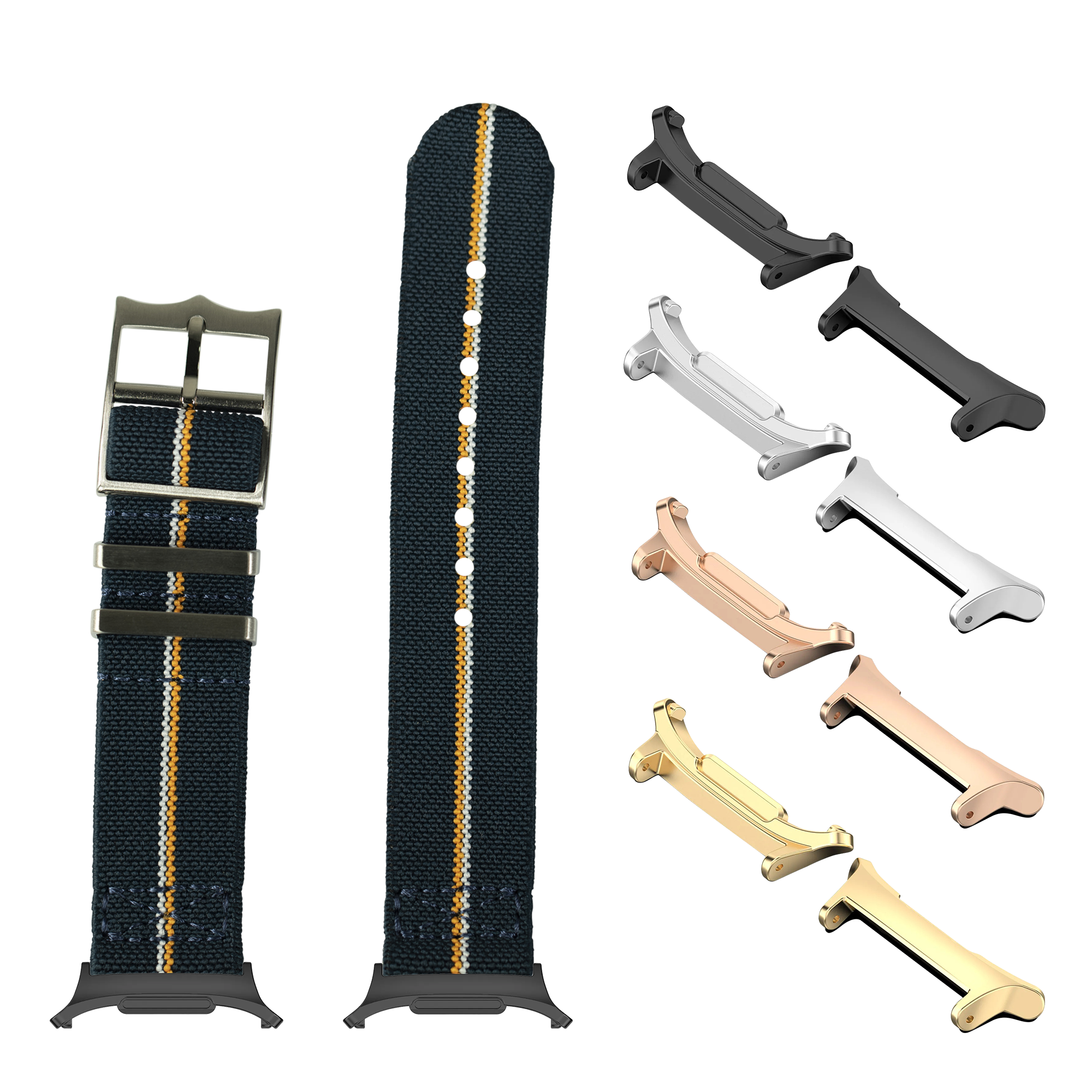 Navy blue fabric watch bands with orange stripe and interchangeable metal lugs in black, silver, rose gold, and gold finishes