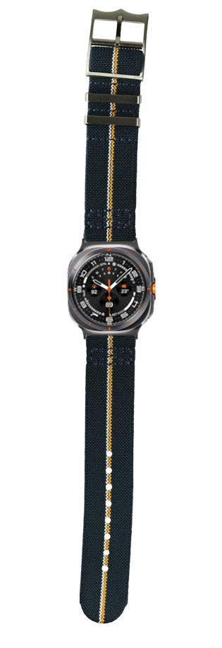 Black dial sports watch with navy blue fabric strap featuring orange and white stripes, metal buckle closure