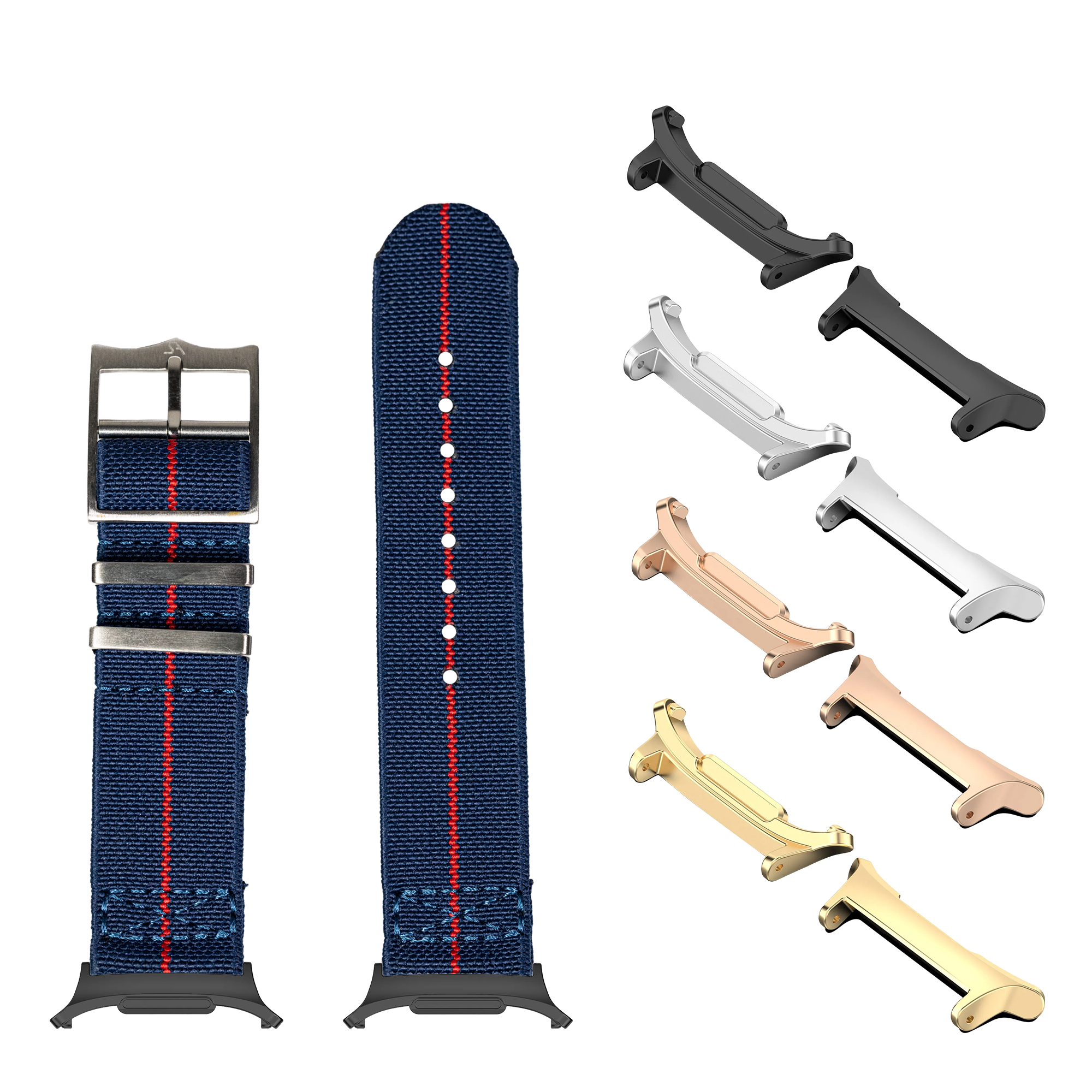 Navy blue fabric watch strap with red stripe, metal buckle, and interchangeable lugs in black, silver, rose gold, and gold finishes