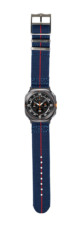Navy blue fabric watch band with red stripe and metal buckle for Galaxy Watch 8/Ultra smartwatch